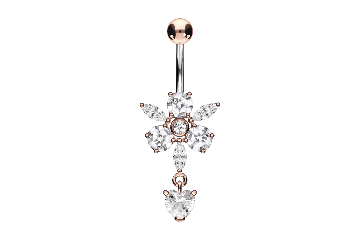 Titan Bananabell Piercing mit 925er Silber-Design KRISTALLBLUME + HERZANHÄNGER